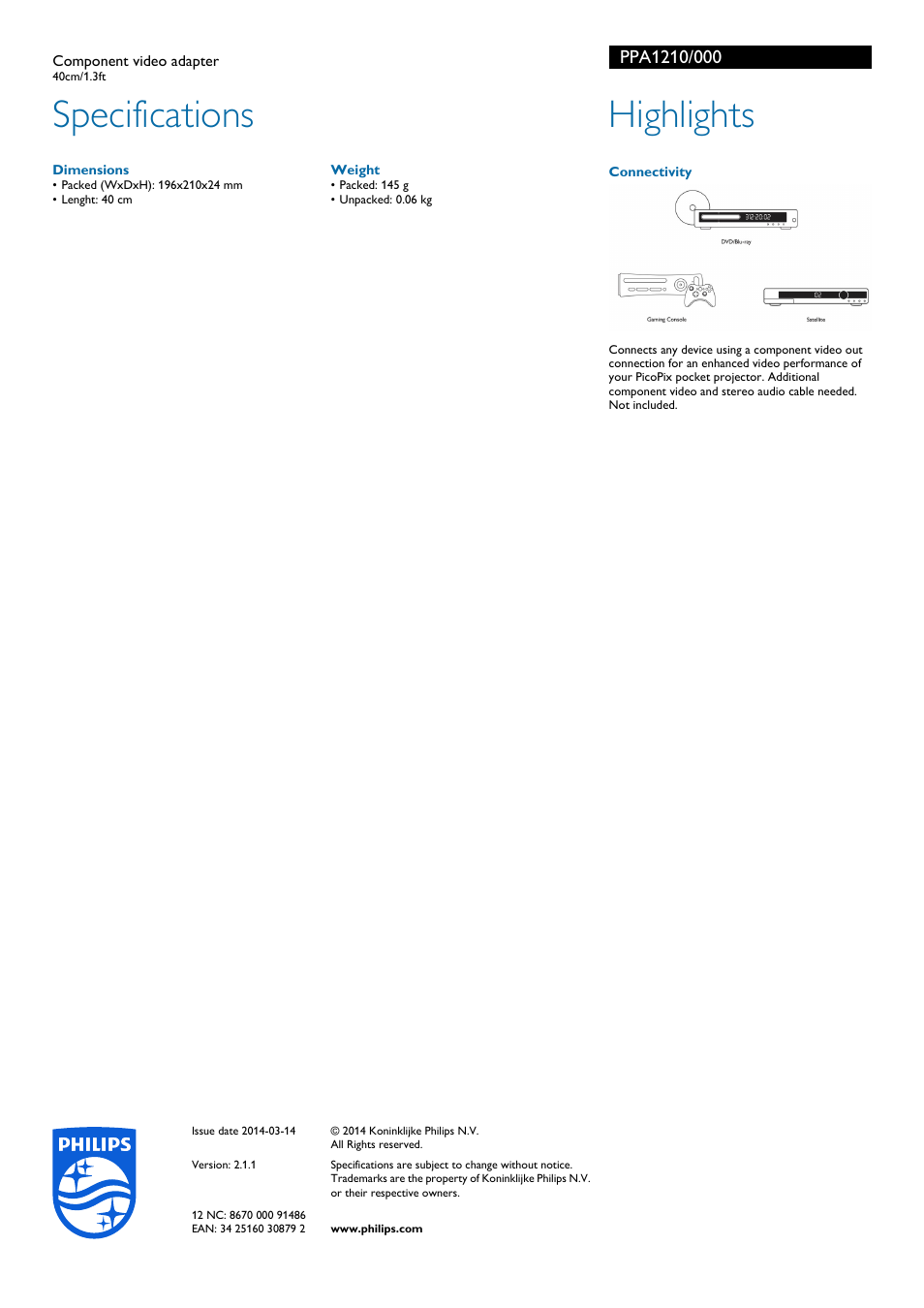 Specifications, Highlights | Philips PPA1210-000 User Manual | Page 2 / 2