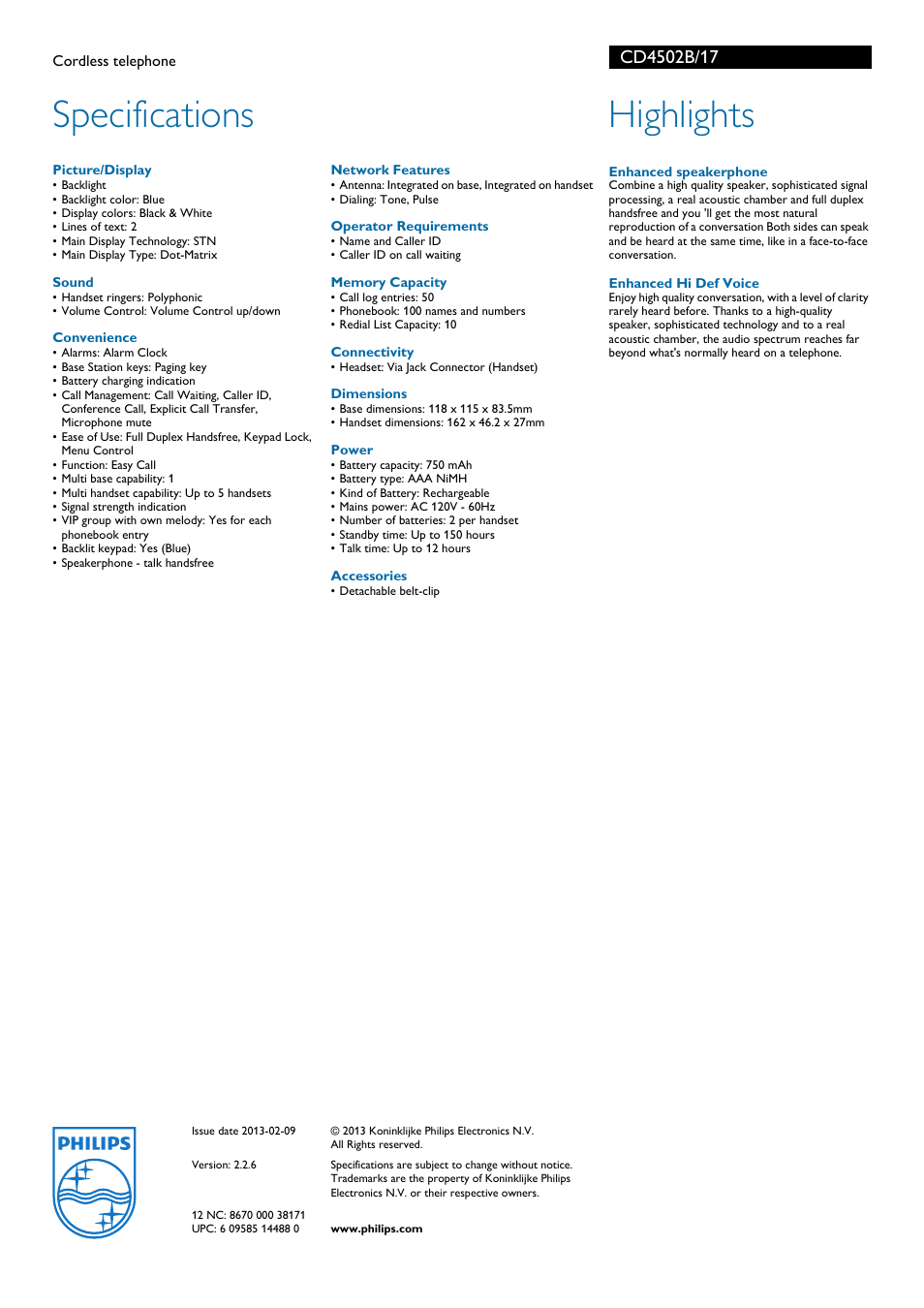 Specifications, Highlights | Philips CD4502B-17 User Manual | Page 2 / 2