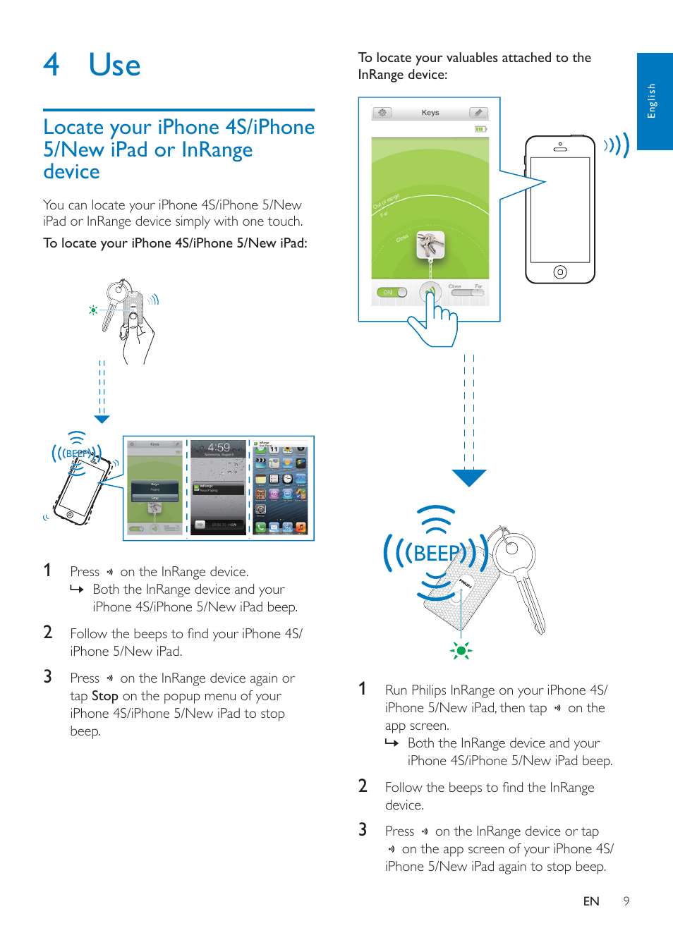 4 use, Locate your iphone 4s/iphone 5/new, Ipad or inrange device | Philips InRange Bluetooth smart leash AEA1000 for iPhone 5-4S & the new iPad User Manual | Page 11 / 16