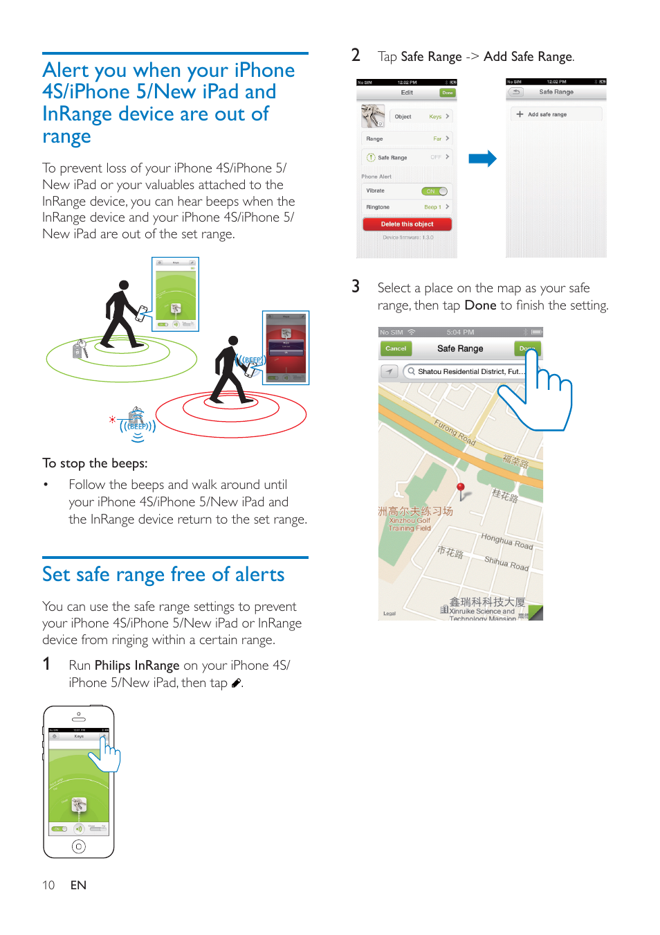 Set safe range free of alerts, Alert you when your iphone 4s, Iphone 5/new ipad and inrange | Device are out of range | Philips InRange Bluetooth smart leash AEA1000 for iPhone 5-4S & the new iPad User Manual | Page 12 / 16