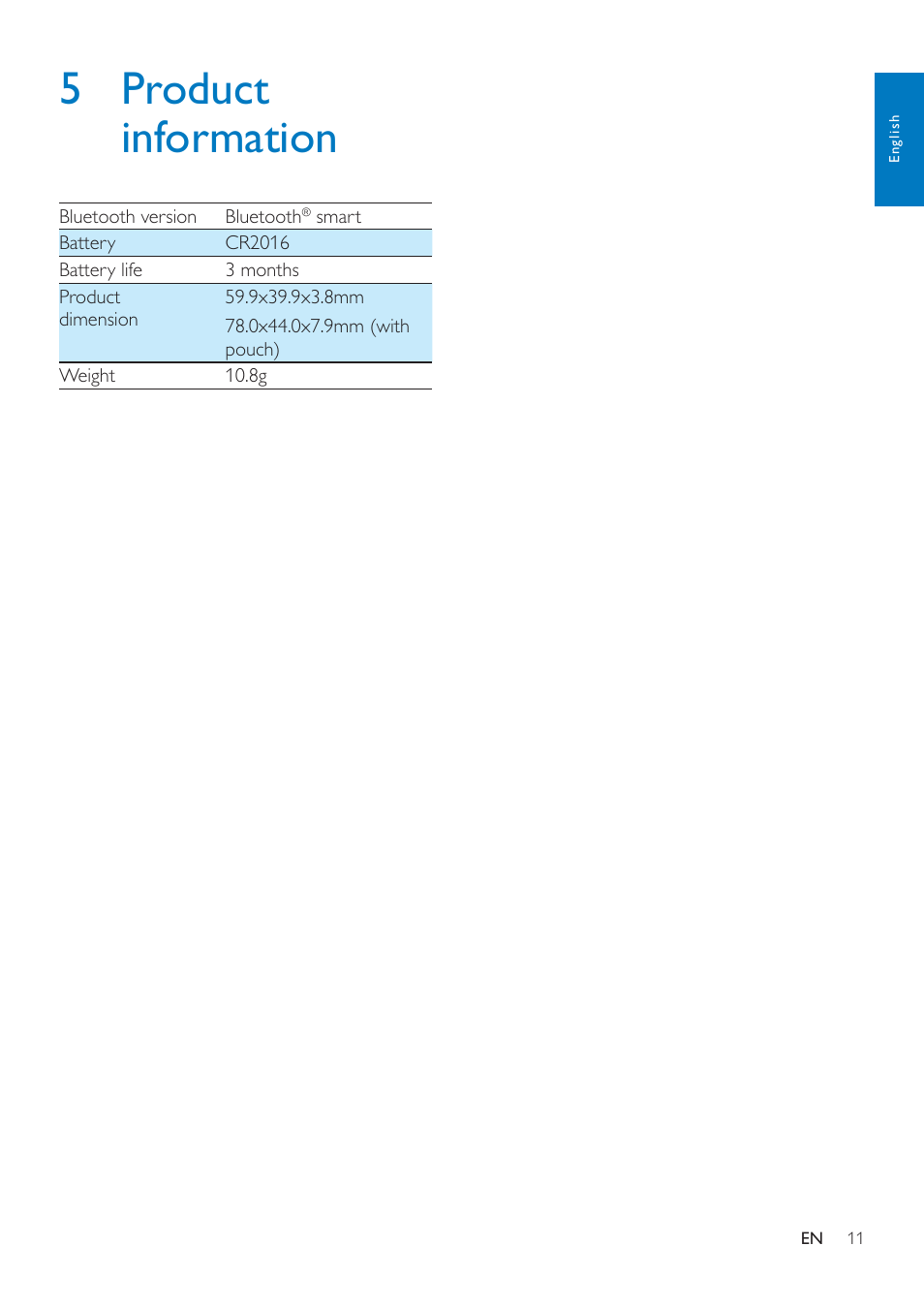 5 product information | Philips InRange Bluetooth smart leash AEA1000 for iPhone 5-4S & the new iPad User Manual | Page 13 / 16