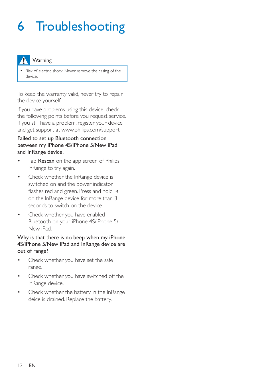 6 troubleshooting | Philips InRange Bluetooth smart leash AEA1000 for iPhone 5-4S & the new iPad User Manual | Page 14 / 16