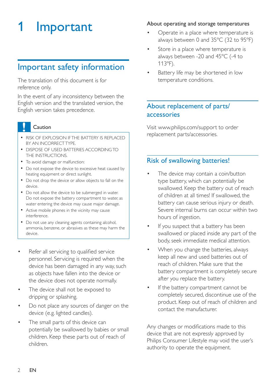 1 important, Important safety information, About replacement of parts/ accessories | Risk of swallowing batteries | Philips InRange Bluetooth smart leash AEA1000 for iPhone 5-4S & the new iPad User Manual | Page 4 / 16