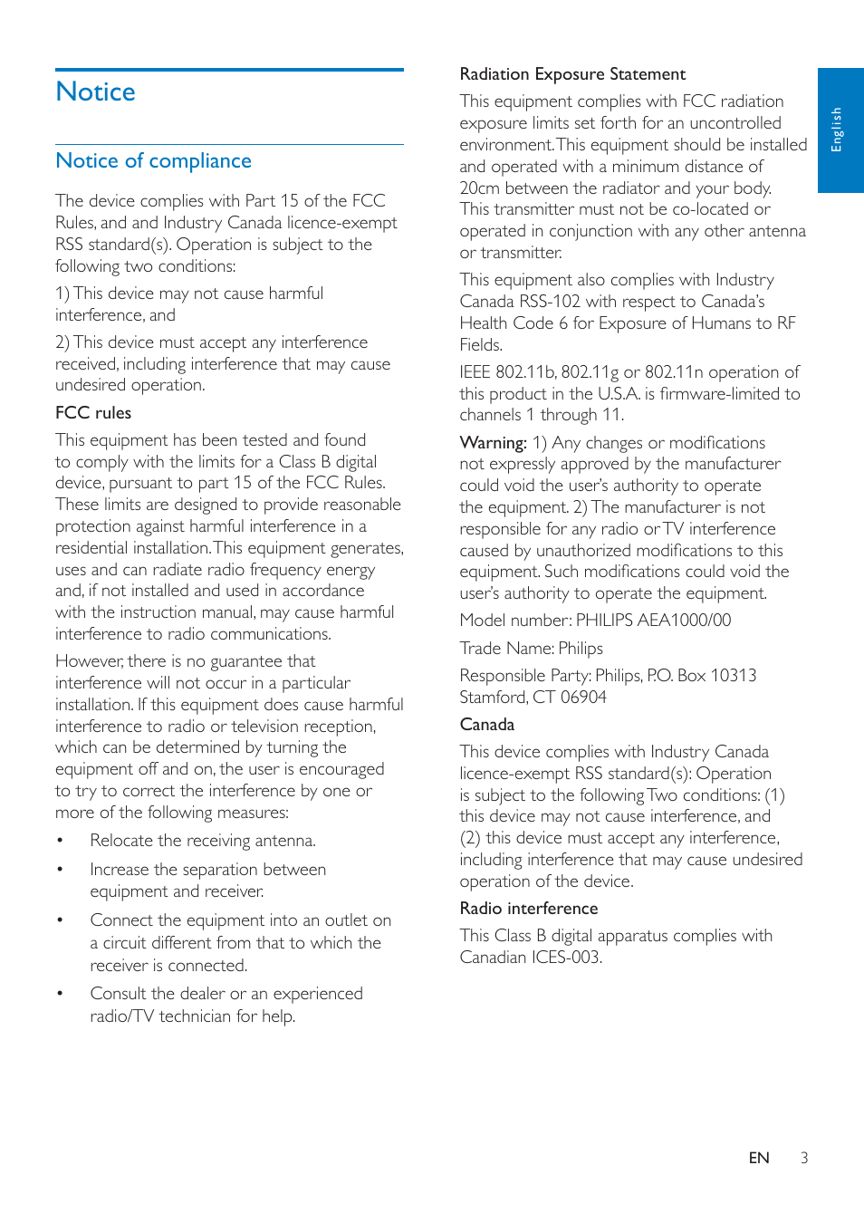 Notice, Notice 3, Notice of compliance | Philips InRange Bluetooth smart leash AEA1000 for iPhone 5-4S & the new iPad User Manual | Page 5 / 16