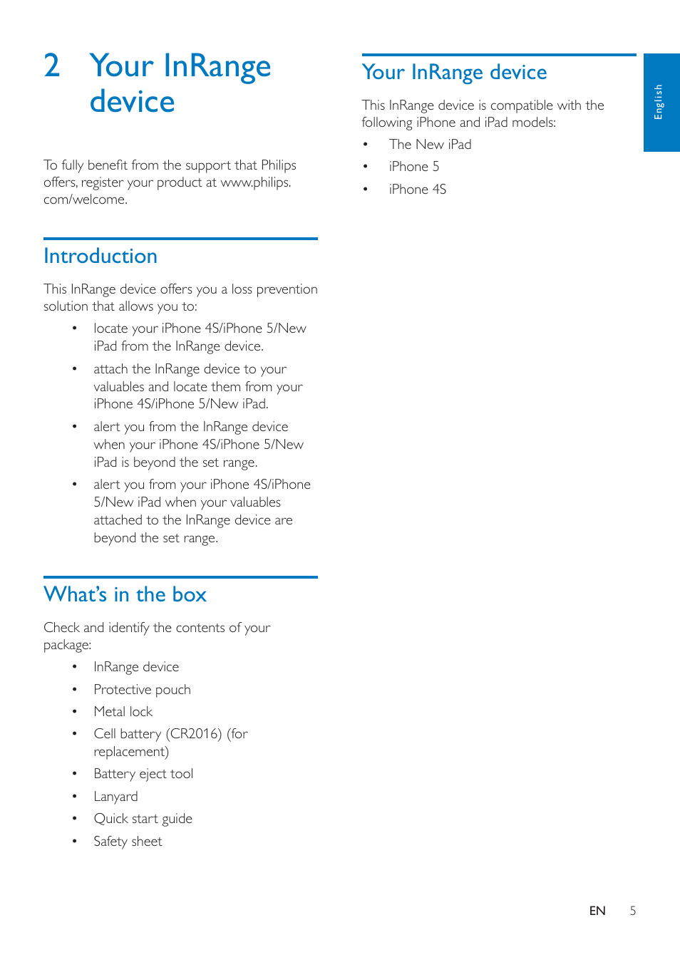 2 your inrange device, Introduction, What’s in the box | Your inrange device, Introduction 5 | Philips InRange Bluetooth smart leash AEA1000 for iPhone 5-4S & the new iPad User Manual | Page 7 / 16