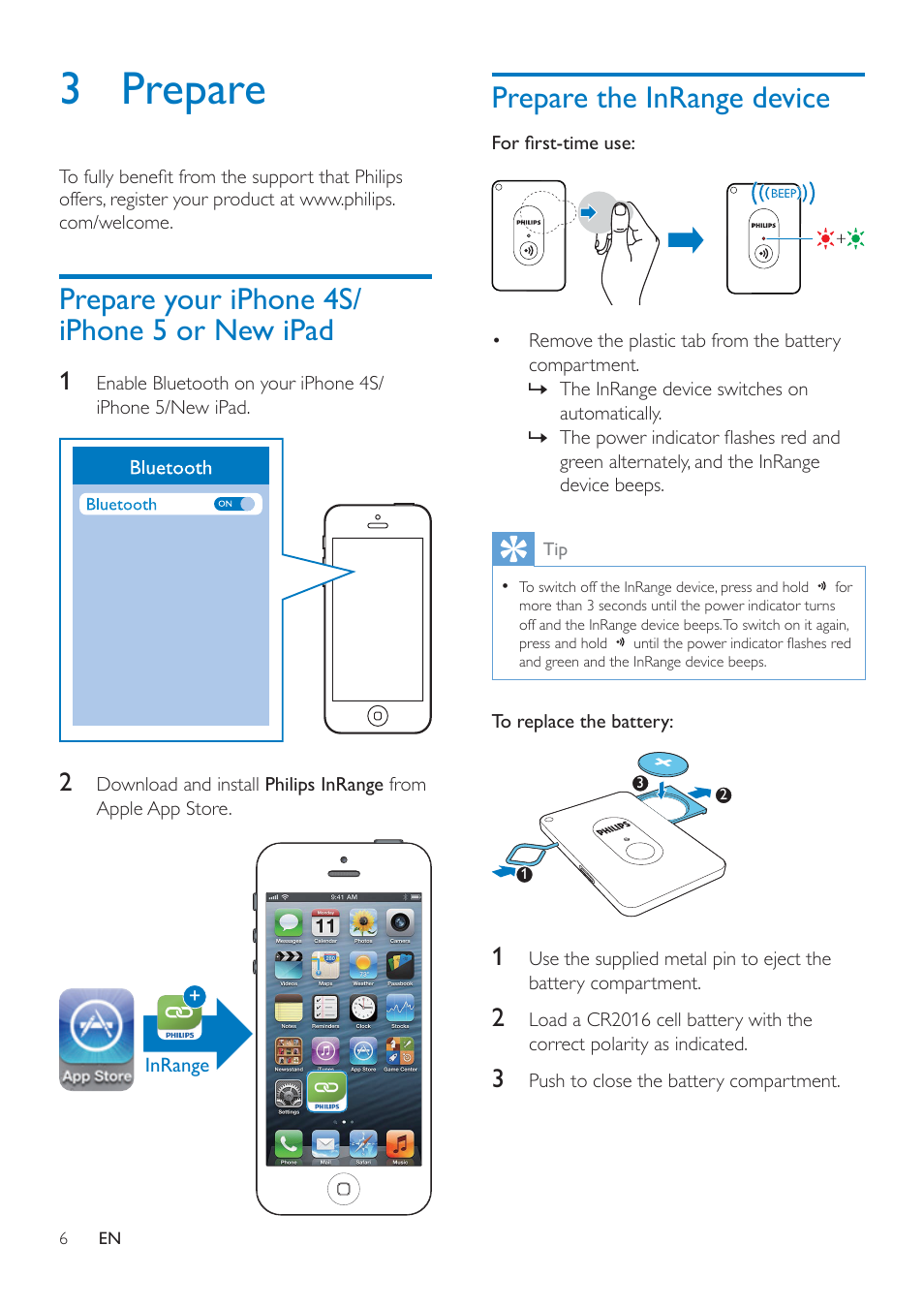 3 prepare, Prepare your iphone 4s/iphone 5 or new ipad, Prepare the inrange device | Prepare your iphone 4s/iphone 5 or, New ipad | Philips InRange Bluetooth smart leash AEA1000 for iPhone 5-4S & the new iPad User Manual | Page 8 / 16