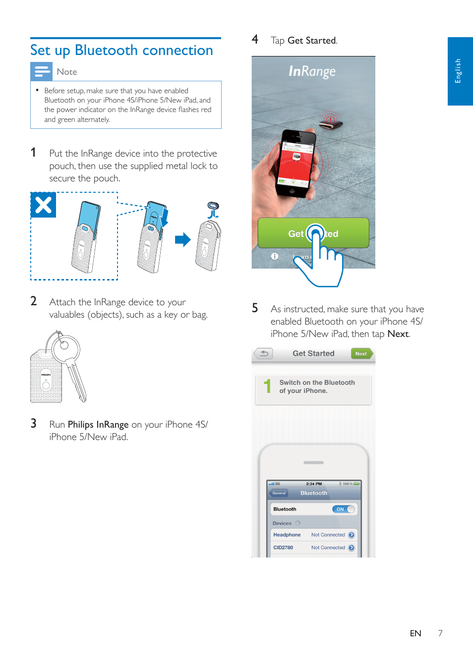 Set up bluetooth connection | Philips InRange Bluetooth smart leash AEA1000 for iPhone 5-4S & the new iPad User Manual | Page 9 / 16