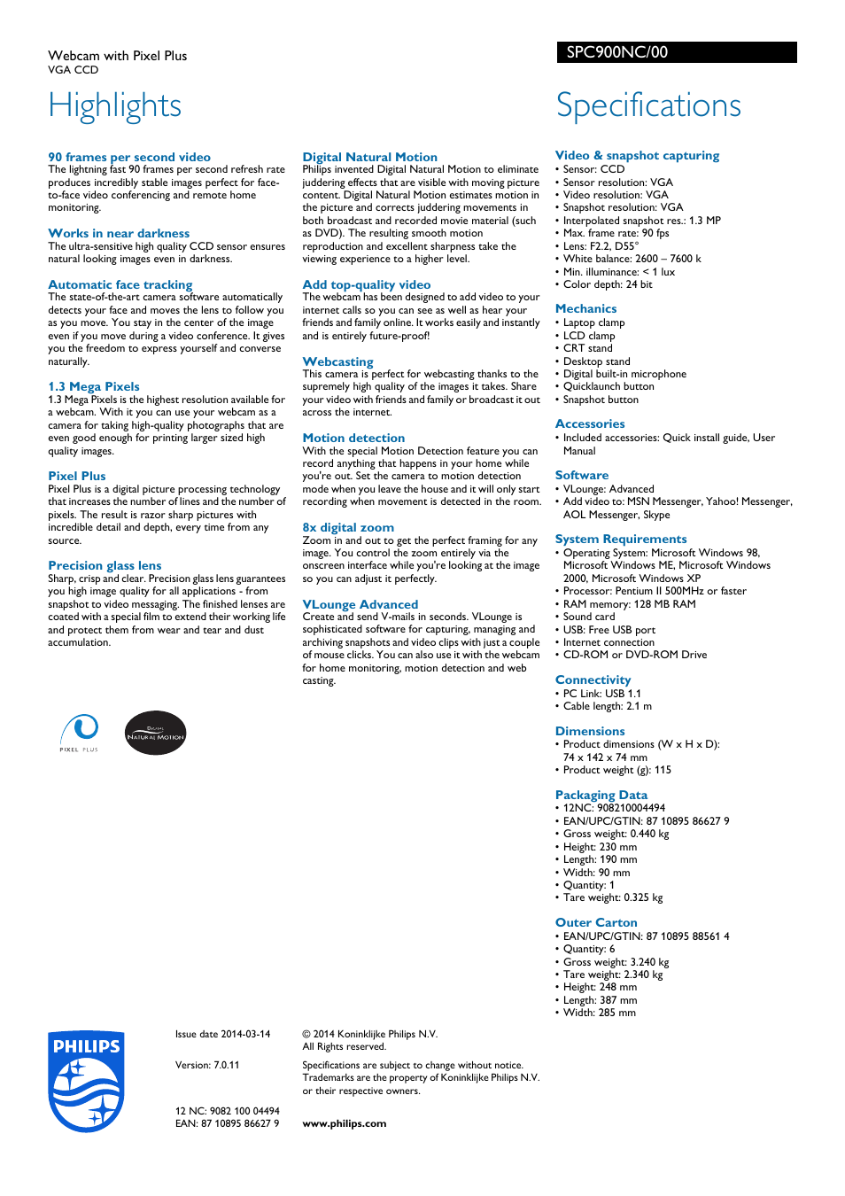 Highlights, Specifications | Philips SPC900NC-00 User Manual | Page 2 / 2