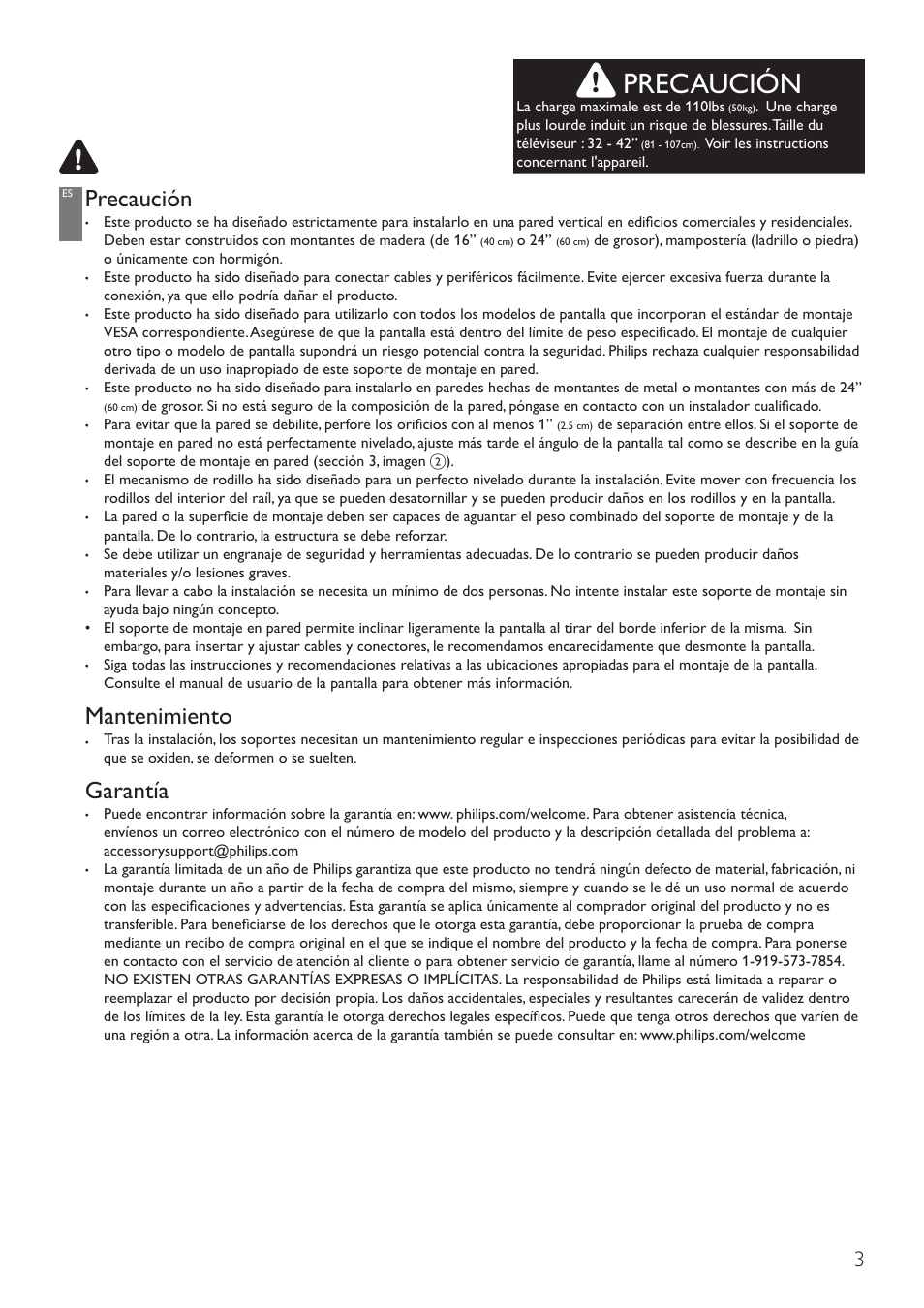 Precaución, Mantenimiento, Garantía | Philips SQM6435-17 User Manual | Page 3 / 16