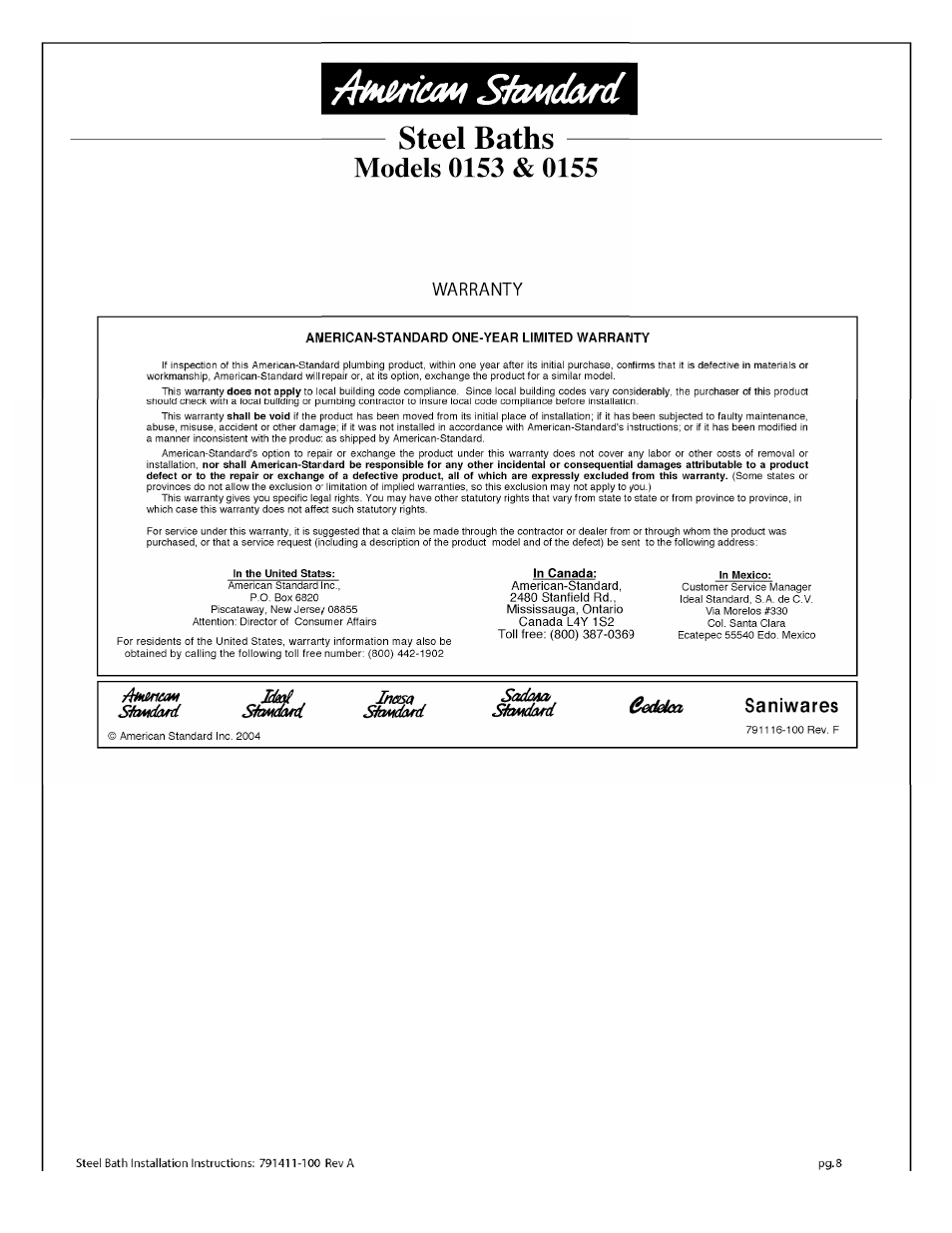 American Standard 155 User Manual | Page 10 / 10