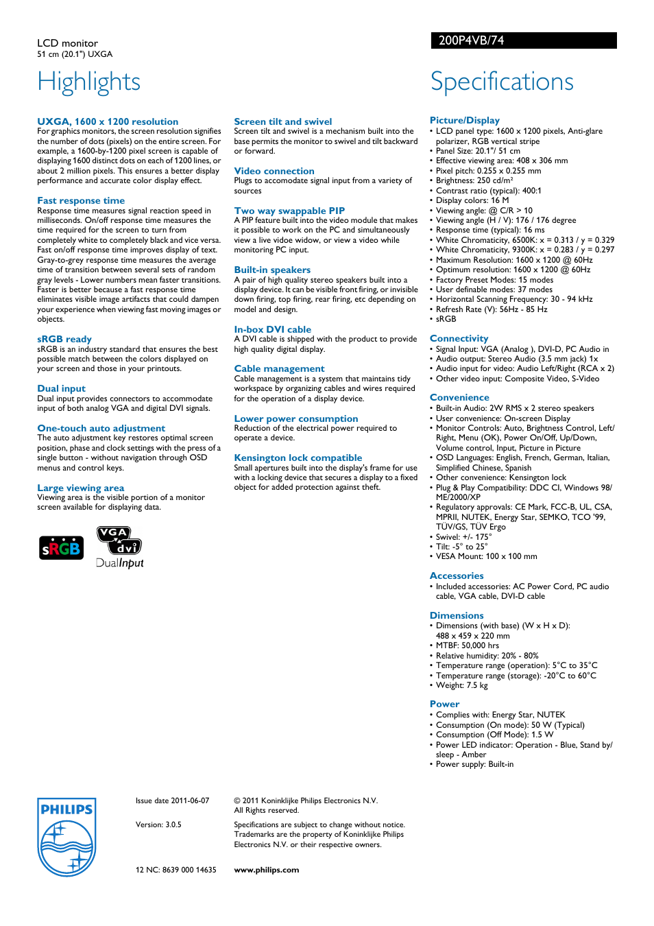 Highlights, Specifications | Philips 200P4VB-74 User Manual | Page 2 / 2