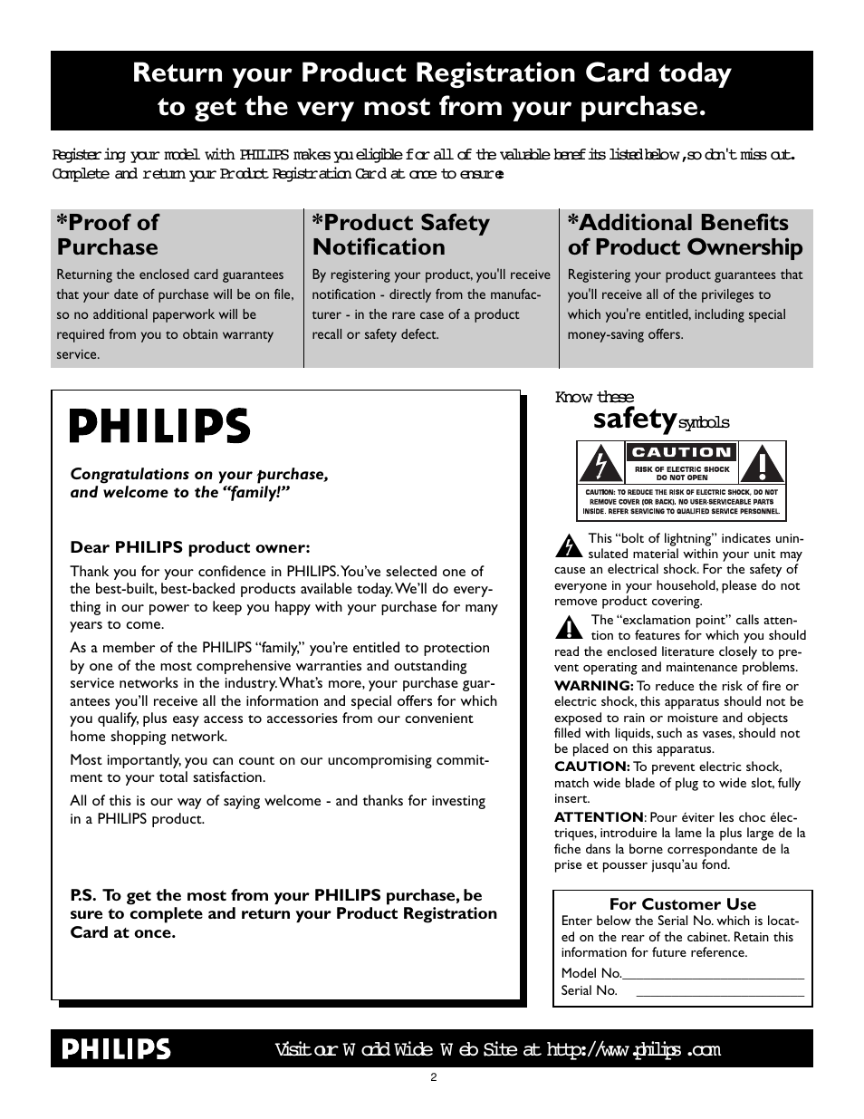 Safety, Proof of purchase, Product safety notification | Additional benefits of product ownership | Philips 27PT8302-37B User Manual | Page 2 / 39