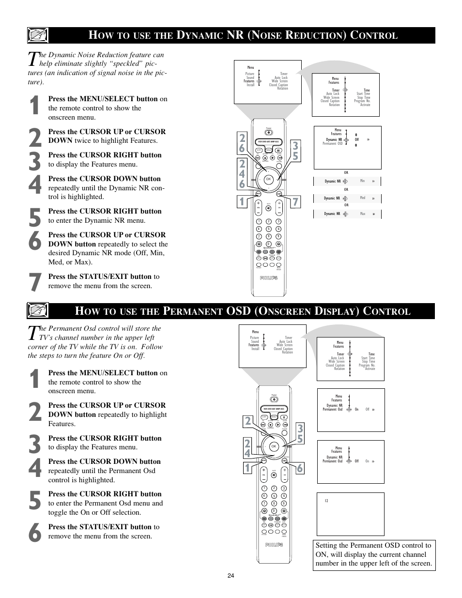 Nr (n, Osd (o, Ow to use the | Ynamic, Oise, Eduction, Ontrol, Ermanent, Nscreen, Isplay | Philips 27PT8302-37B User Manual | Page 24 / 39