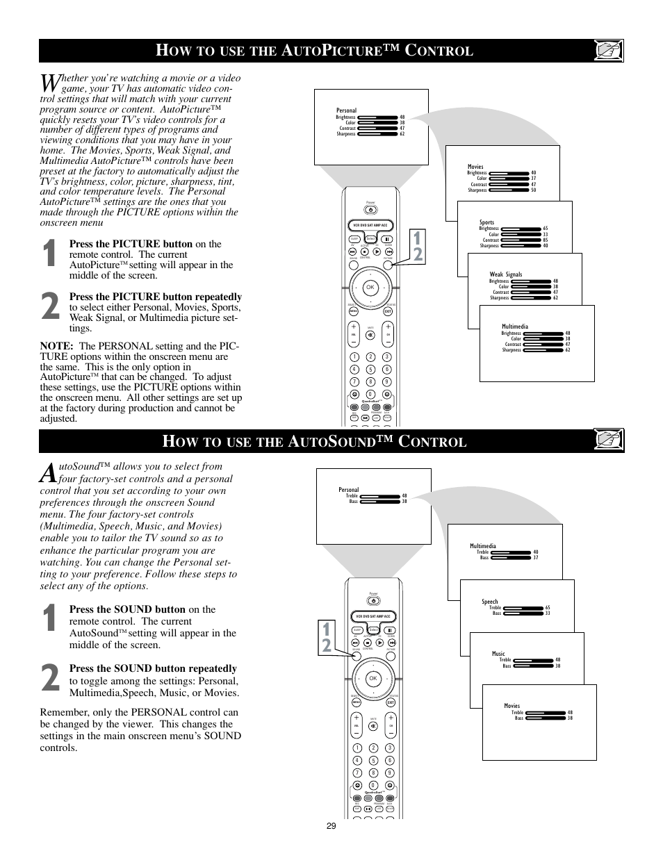 Ow to use the, Icture, Ontrol | Ound, Setting will appear in the middle of the screen | Philips 27PT8302-37B User Manual | Page 29 / 39