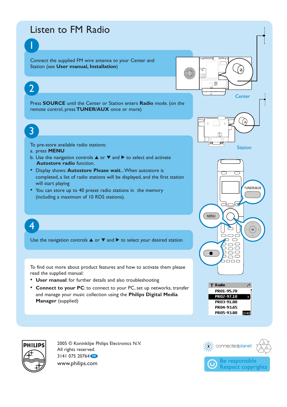 Listen to fm radio | Philips WACS700-37B User Manual | Page 10 / 12