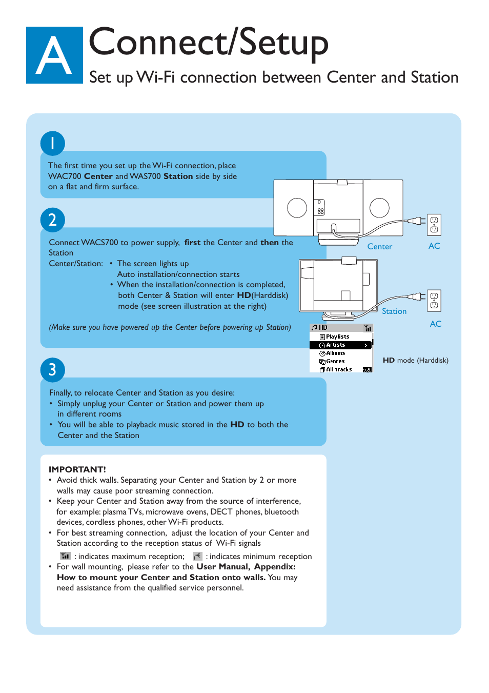 Connect/setup, Set up wi-fi connection between center and station | Philips WACS700-37B User Manual | Page 3 / 12