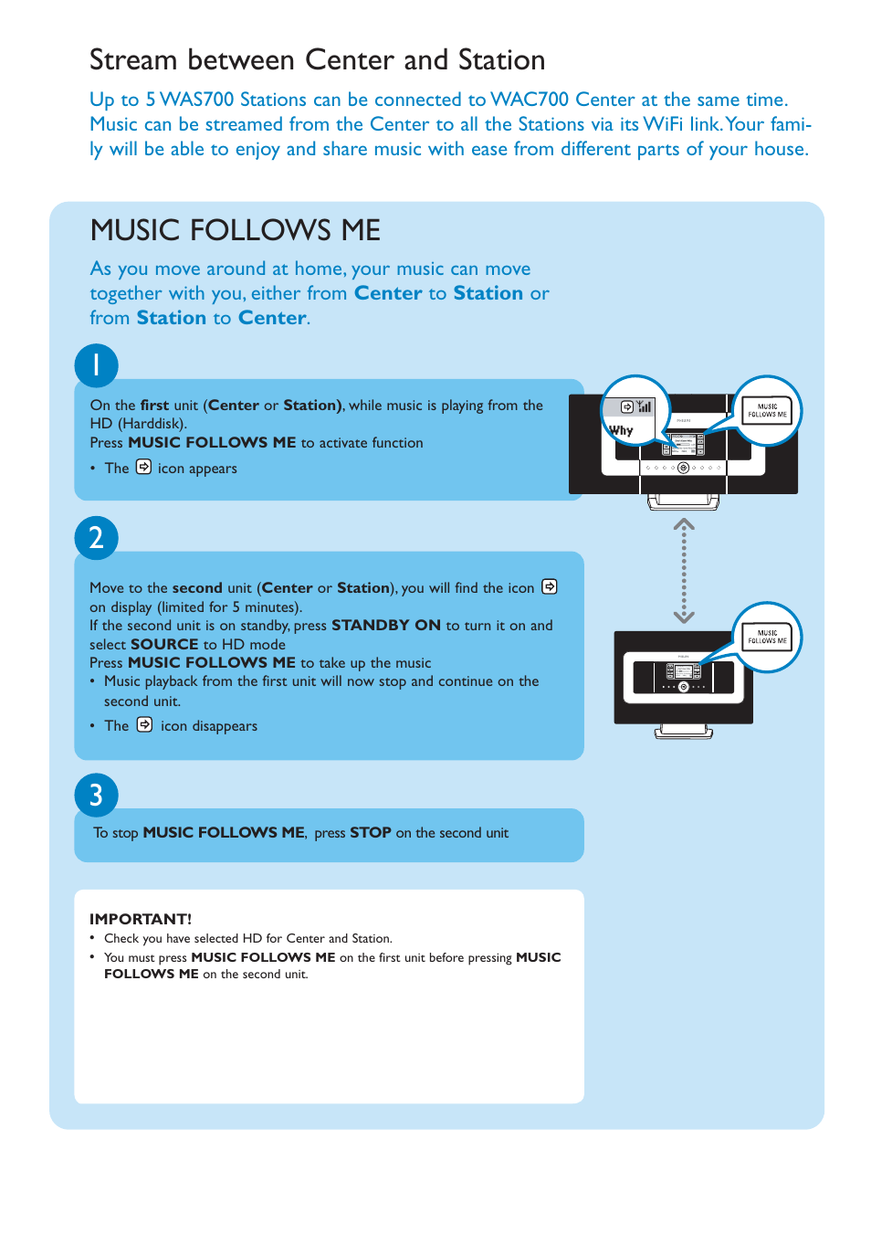 21 3 stream between center and station, Music follows me | Philips WACS700-37B User Manual | Page 5 / 12