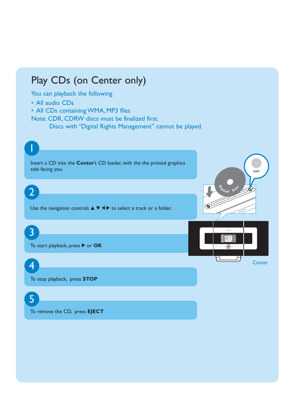 Play cds (on center only) | Philips WACS700-37B User Manual | Page 9 / 12