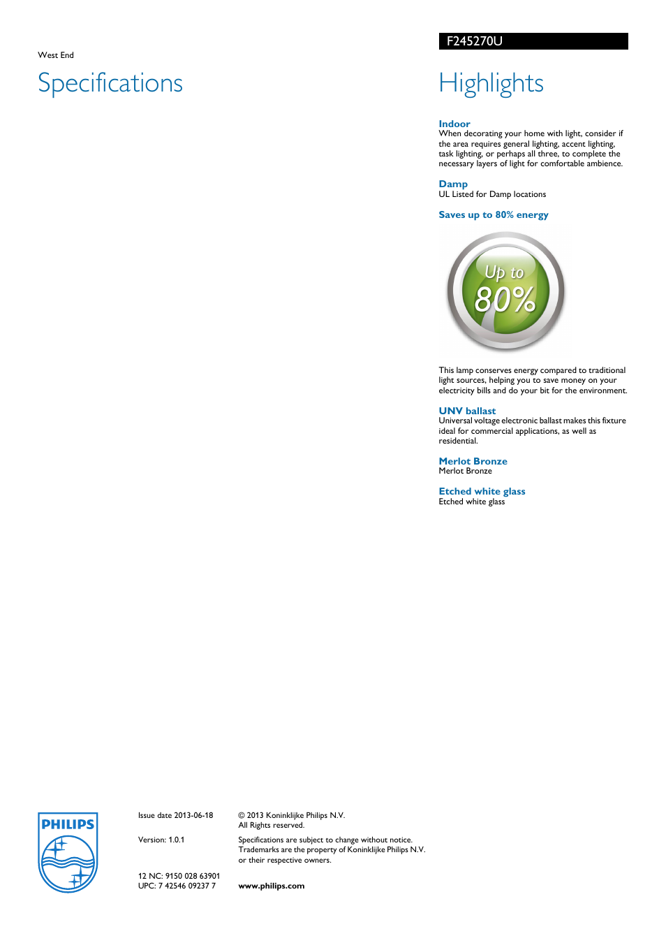 Specifications, Highlights | Philips F245270U User Manual | Page 2 / 2