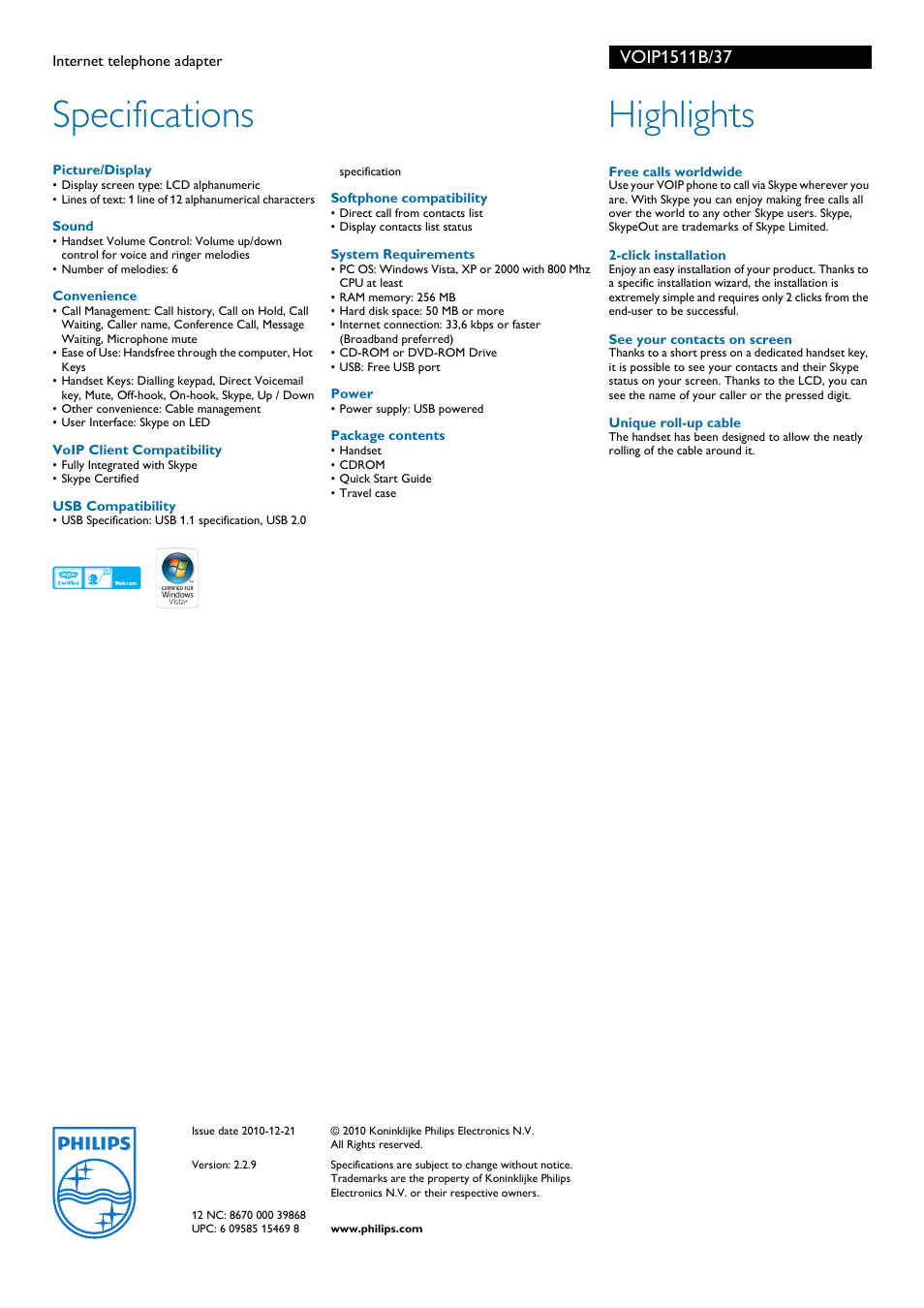 Specifications, Highlights | Philips VOIP1511B-37 User Manual | Page 2 / 2