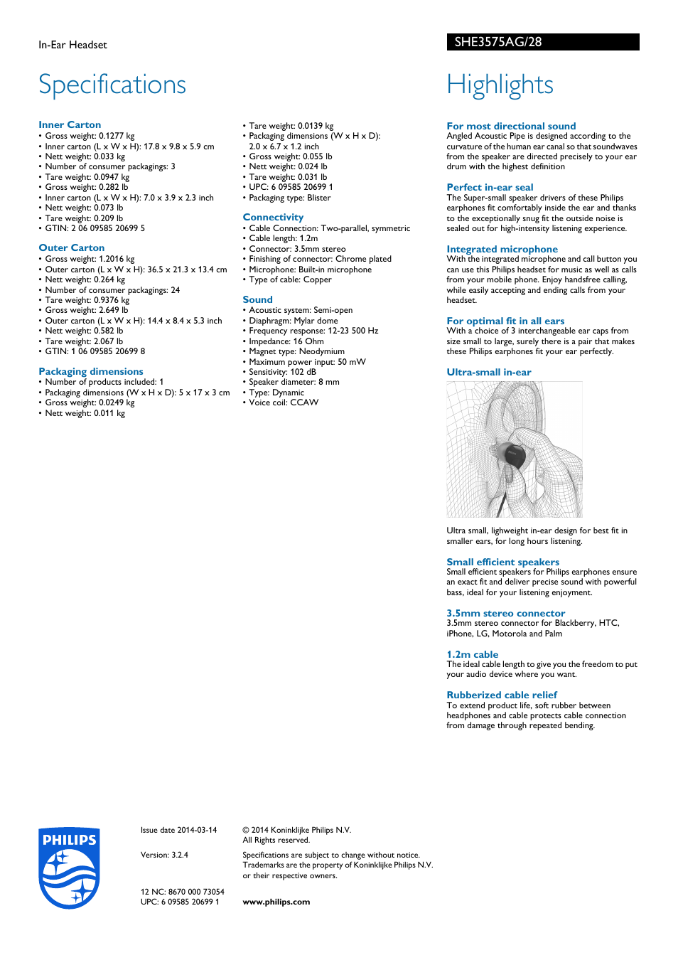 Specifications, Highlights | Philips SHE3575AG-28 User Manual | Page 2 / 2