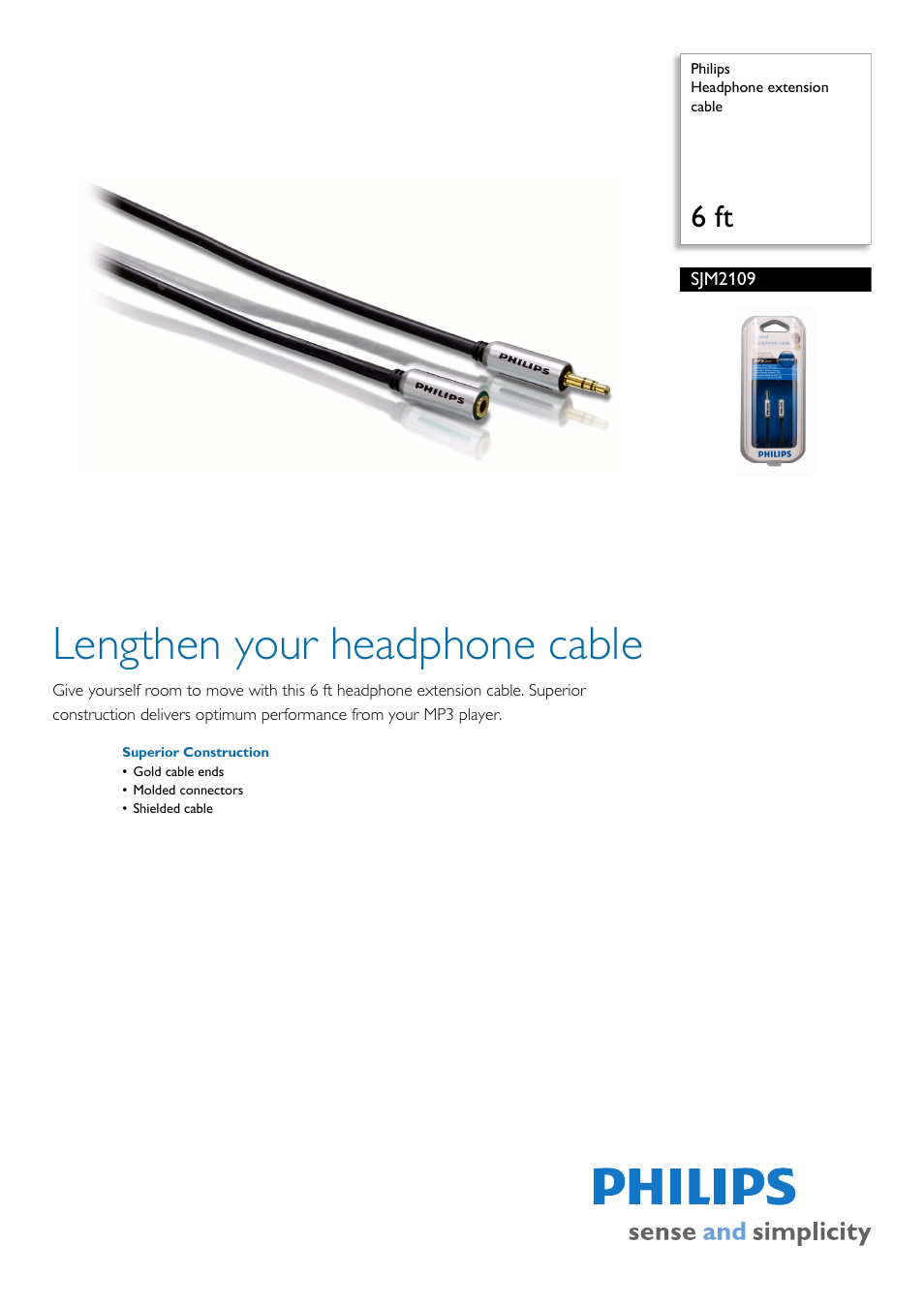 Philips Headphone extension cable SJM2109 6 ft User Manual | 2 pages