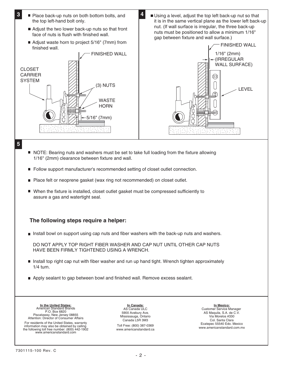 The following steps require a helper | American Standard 3351 User Manual | Page 2 / 2