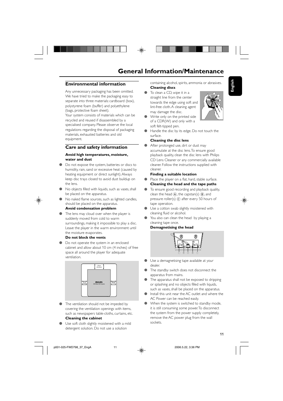General information/maintenance, Environmental information, Care and safety information | Philips FWD798-37 User Manual | Page 11 / 51