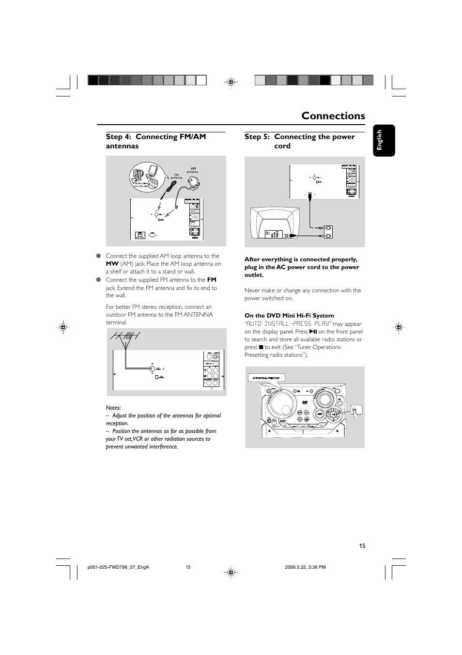 Connections, Step 4: connecting fm/am antennas, Step 5: connecting the power cord | Philips FWD798-37 User Manual | Page 15 / 51