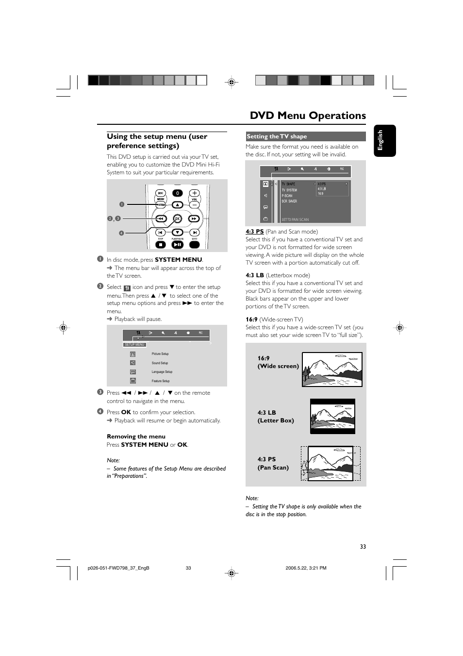 Dvd menu operations, Using the setup menu (user preference settings) | Philips FWD798-37 User Manual | Page 33 / 51