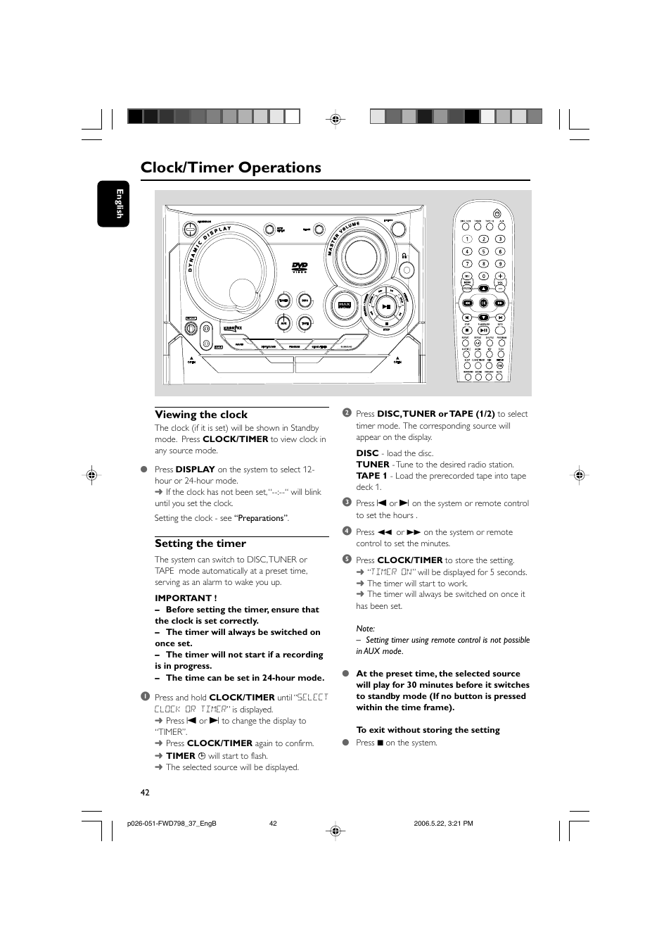 Clock/timer operations, Viewing the clock, Setting the timer | Philips FWD798-37 User Manual | Page 42 / 51