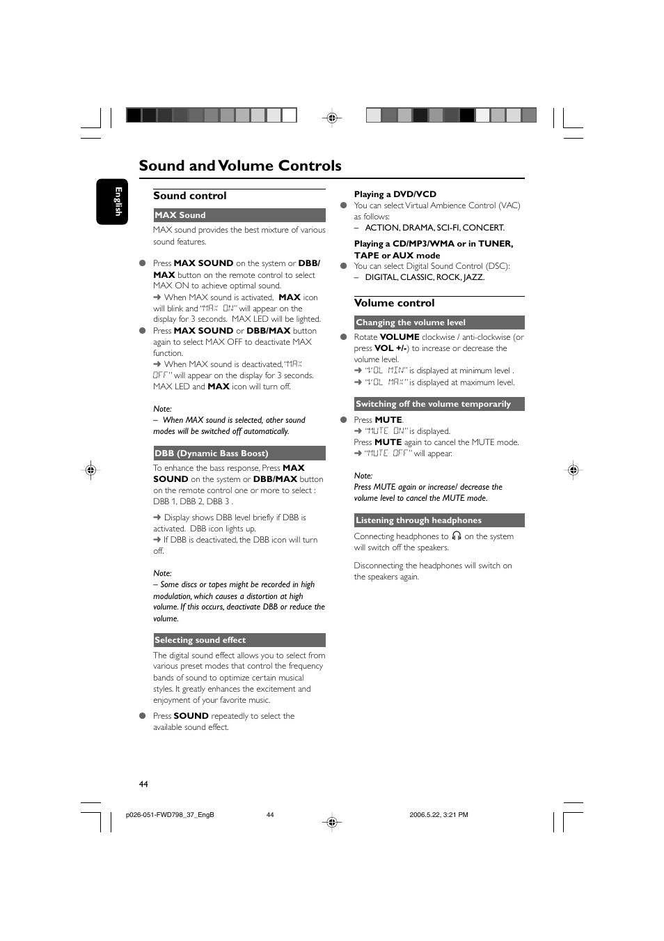 Sound and volume controls, Sound control, Volume control | Philips FWD798-37 User Manual | Page 44 / 51