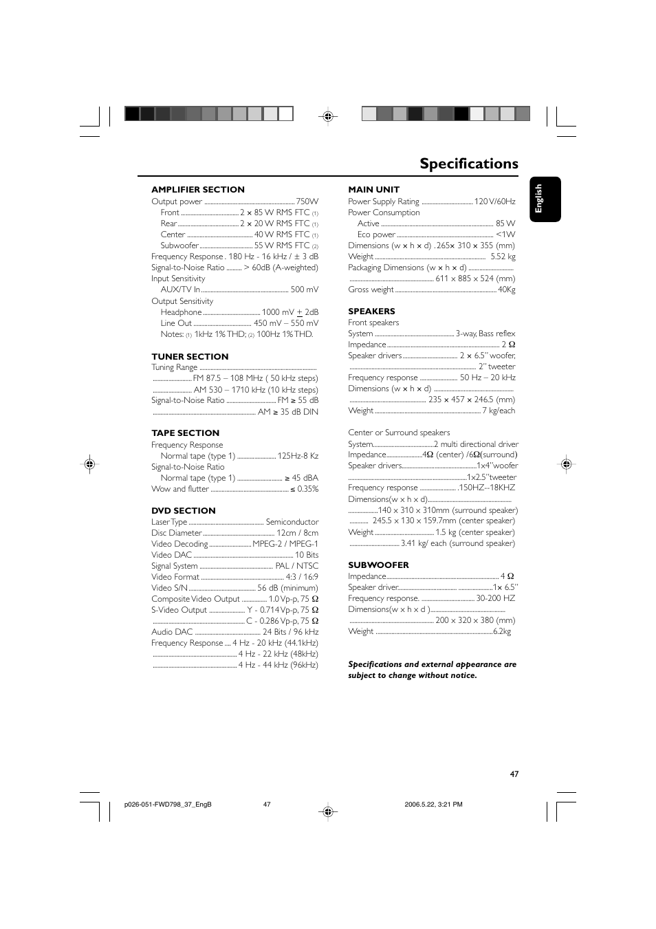 Specifications | Philips FWD798-37 User Manual | Page 47 / 51