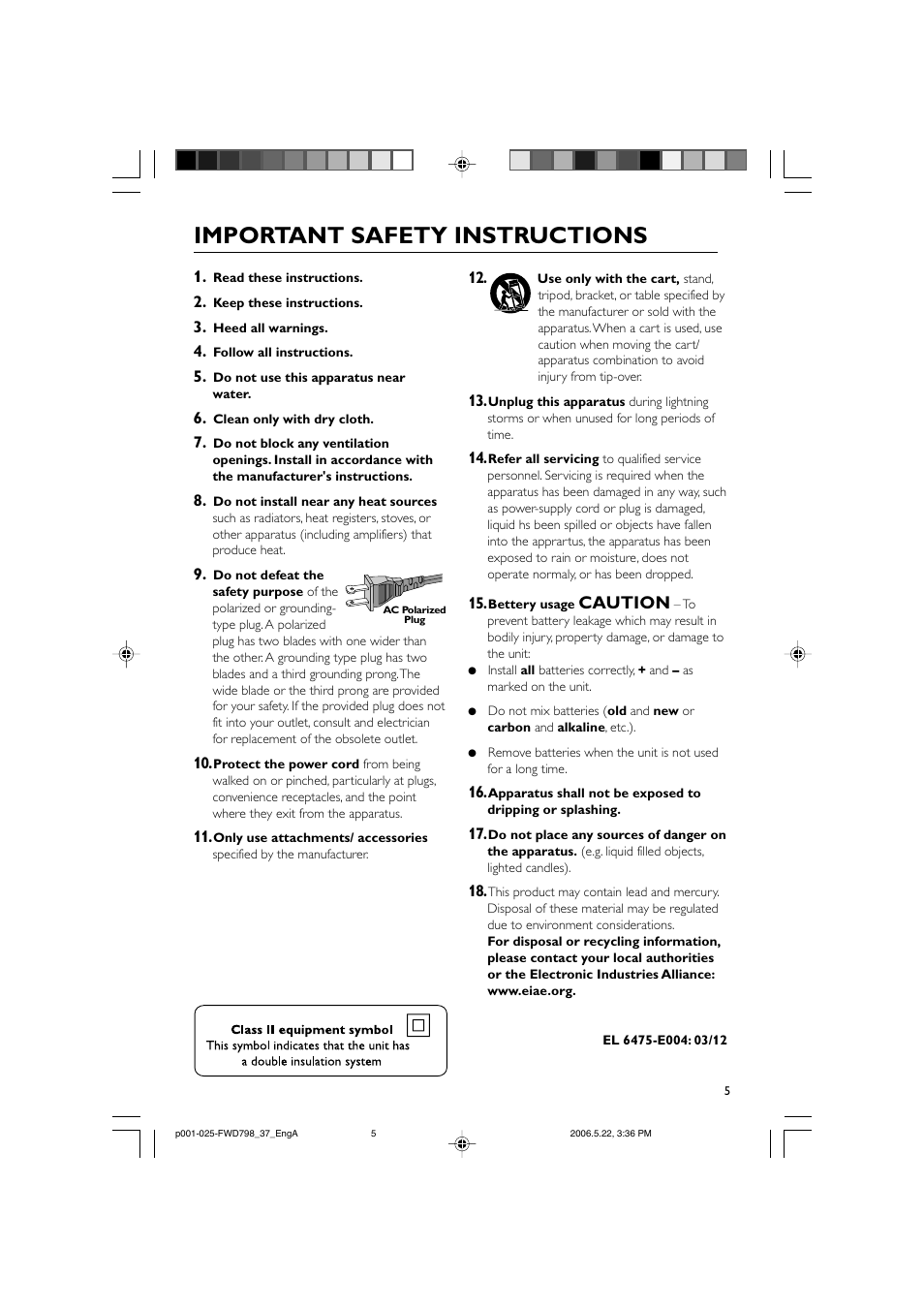 Important safety instructions, Caution | Philips FWD798-37 User Manual | Page 5 / 51