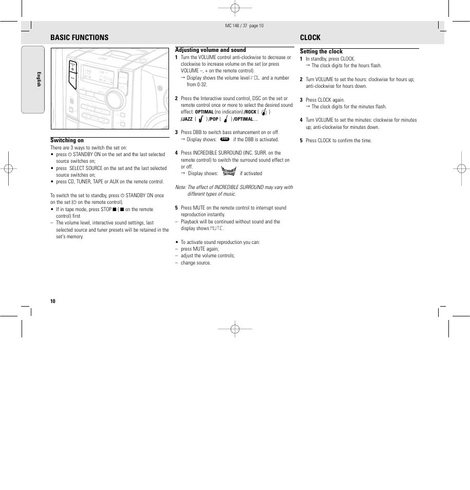Basic functions, Clock, Switching on | Adjusting volume and sound, Setting the clock, No indication) | Philips MC148C-37 User Manual | Page 10 / 46