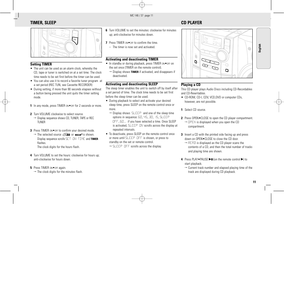 Timer, sleep, Cd player, Setting timer | Activating and deactivating timer, Activating and deactivating sleep, Playing a cd, If activated, and disappears if deactivated | Philips MC148C-37 User Manual | Page 11 / 46