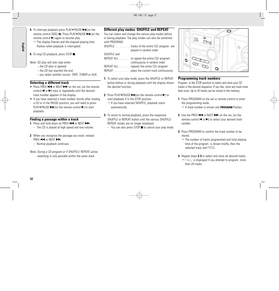 Selecting a different track, Finding a passage within a track, Different play modes: shuffle and repeat | Programming track numbers | Philips MC148C-37 User Manual | Page 12 / 46