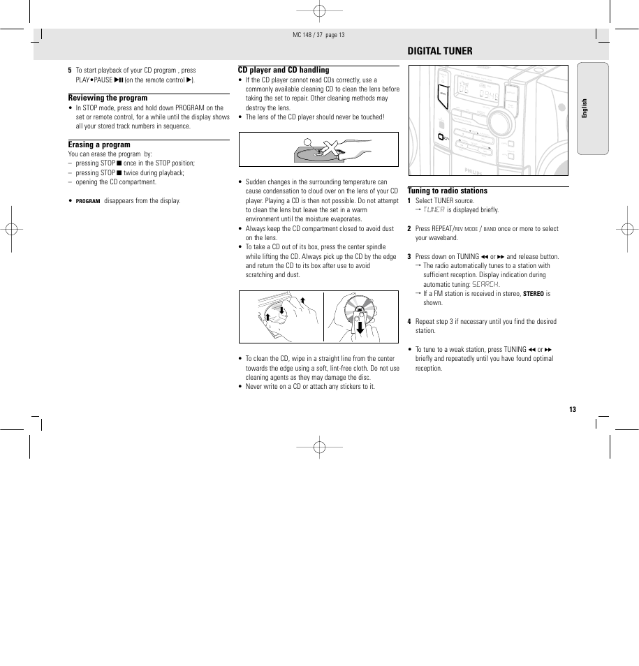 Digital tuner, Reviewing the program, Erasing a program | Cd player and cd handling, Tuning to radio stations, Disappears from the display | Philips MC148C-37 User Manual | Page 13 / 46