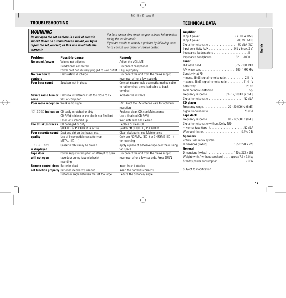 Warning, Troubleshooting, Technical data | Philips MC148C-37 User Manual | Page 17 / 46