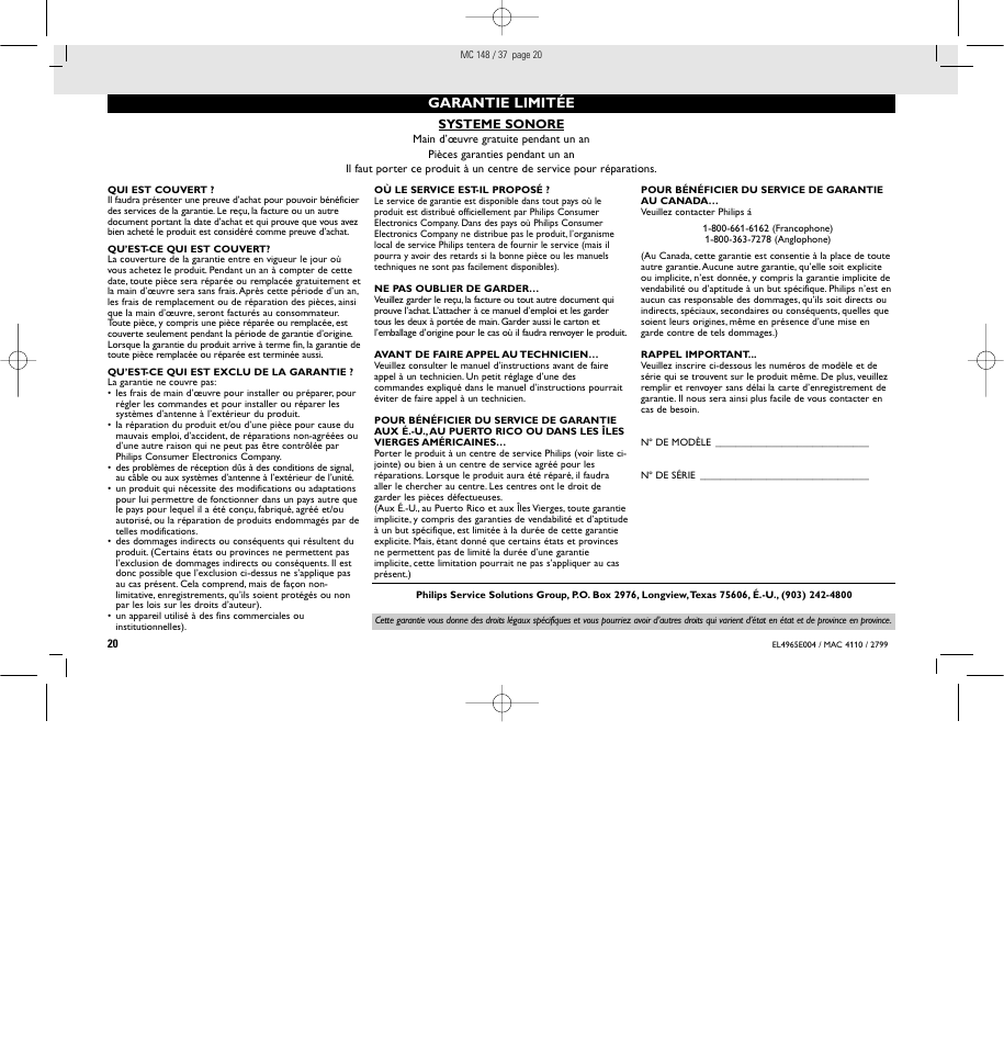 Garantie limitée | Philips MC148C-37 User Manual | Page 20 / 46