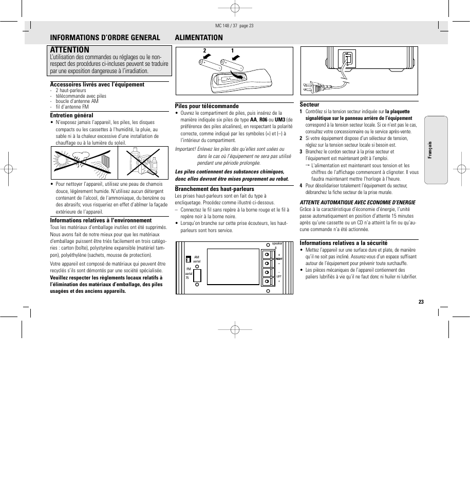 Attention, Informations d’ordre general, Alimentation | Philips MC148C-37 User Manual | Page 23 / 46