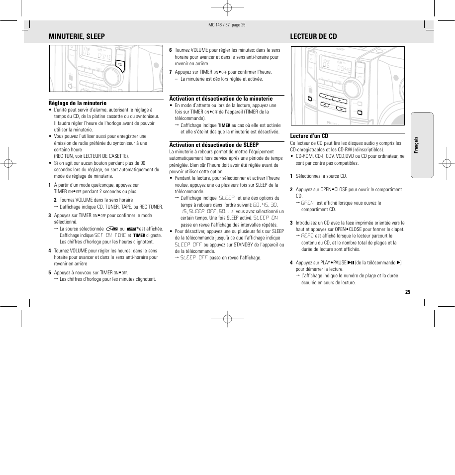 Minuterie, sleep, Lecteur de cd, Réglage de la minuterie | Activation et désactivation de la minuterie, Activation et désactivation de sleep, Lecture d’un cd | Philips MC148C-37 User Manual | Page 25 / 46