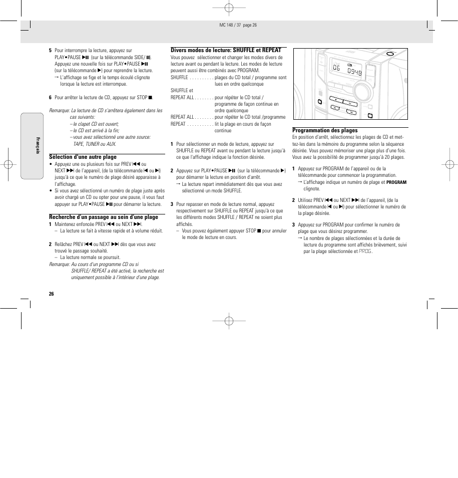 Sélection d'une autre plage, Recherche d’un passage au sein d’une plage, Divers modes de lecture: shuffle et repeat | Programmation des plages | Philips MC148C-37 User Manual | Page 26 / 46