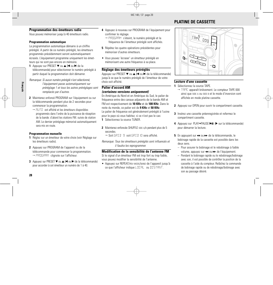 Platine de cassette, Programmation des émetteurs radio, Réglage des émetteurs préréglés | Palier d’accord am (certaines versions uniquement), Modification de la sensibilité de l’antenne fm, Lecture d’une cassette | Philips MC148C-37 User Manual | Page 28 / 46