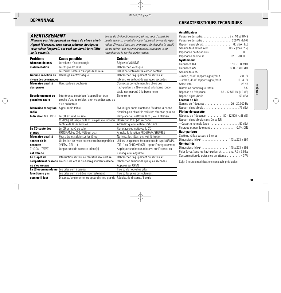 Avertissement, Depannage, Caracteristiques techniques | Philips MC148C-37 User Manual | Page 31 / 46