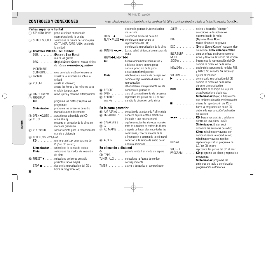 Controles y conexiones | Philips MC148C-37 User Manual | Page 36 / 46