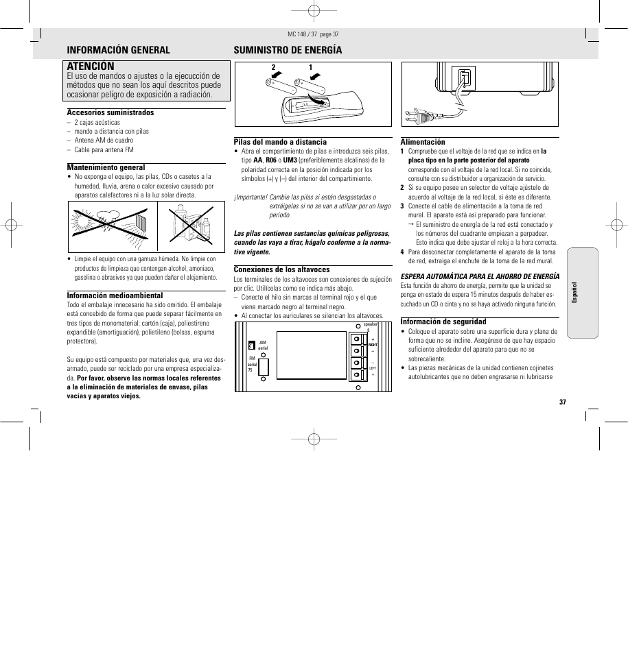 Atención, Información general, Suministro de energía | Philips MC148C-37 User Manual | Page 37 / 46
