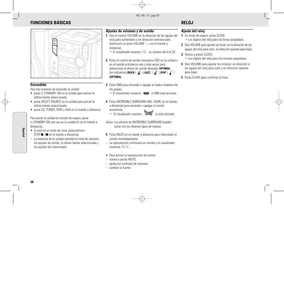 Funciones básicas, Reloj, Encendido | Ajustes de volumen y de sonido, Ajuste del reloj, No indication) | Philips MC148C-37 User Manual | Page 38 / 46