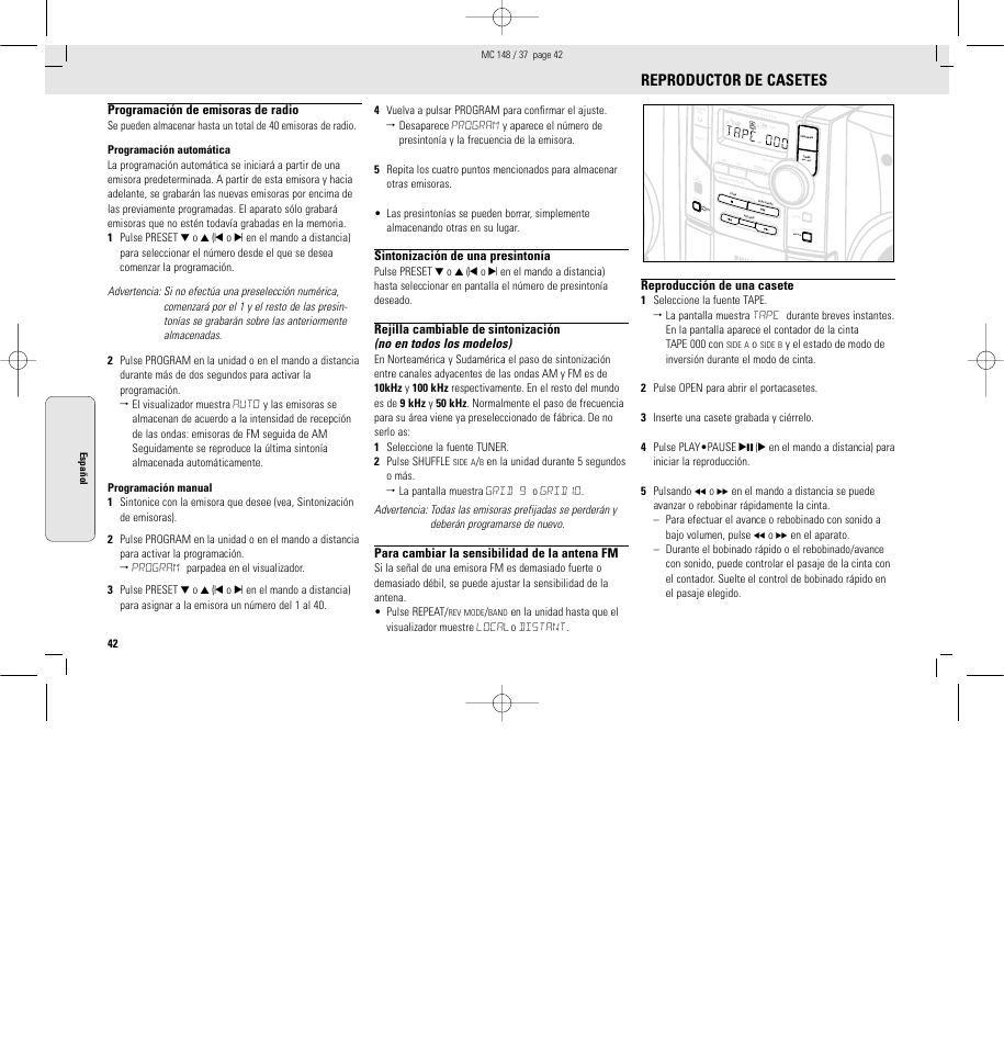 Reproductor de casetes, Programación de emisoras de radio, Sintonización de una presintonía | Para cambiar la sensibilidad de la antena fm, Reproducción de una casete | Philips MC148C-37 User Manual | Page 42 / 46