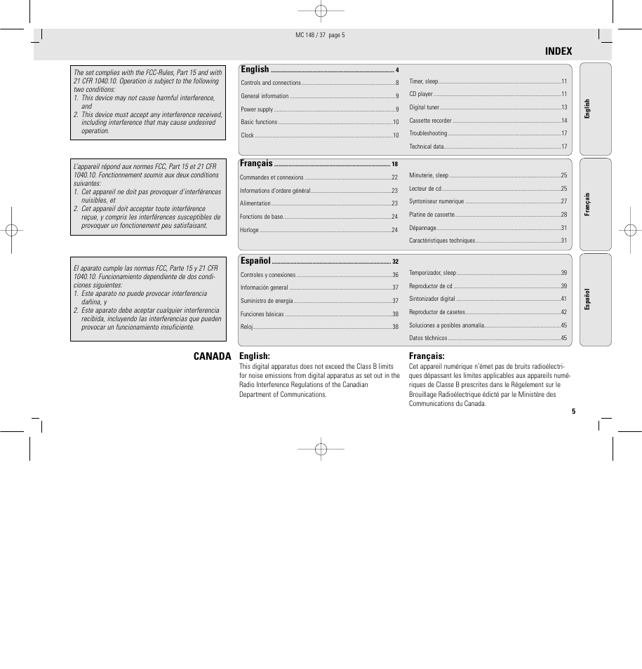 Index, Canada | Philips MC148C-37 User Manual | Page 5 / 46